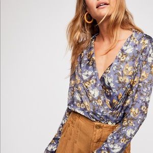 Free People Blue Floral Elsa Long Sleeve Bodysuit Wrap Top